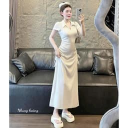 Đầm maxi thời trang nữ chất thun gân tay ngắn cổ sơ mi 2 bên dây rút eo váy đuôi cá dài thiết kế sang trọng 3