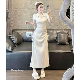 Đầm maxi thời trang nữ chất thun gân tay ngắn cổ sơ mi 2 bên dây rút eo váy đuôi cá dài thiết kế sang trọng 5