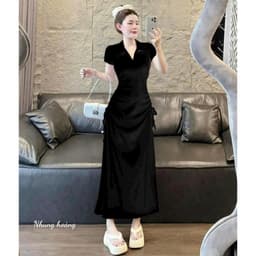 Đầm maxi thời trang nữ chất thun gân tay ngắn cổ sơ mi 2 bên dây rút eo váy đuôi cá dài thiết kế sang trọng 4