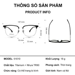 Gọng kính cận thời trang nam nữ NARO EYEWEAR dáng nửa viền vuông chất liệu TITAN cao cấp 51AD010 7