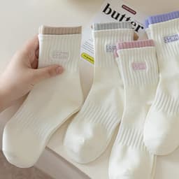 Set 5 Đôi Tất Nữ Cổ Cao Cotton Tông Trắng Thêu Chữ Cổ Màu Phong Cách Trẻ Trung tt52 LILIRIA 3