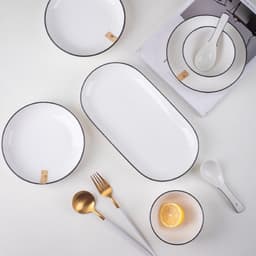 Bộ bát đĩa chén đĩa đẹp sét 21 chi tiết , tặng kèm 1 đĩa cá siêu đẹp hoa văn hoạ tiết trắng viền đen cao cấp 3