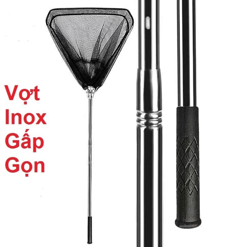Vợt Câu Cá , Vợt Vớt Cá Tam Giác Inox Rút Gọn Lưới Mùng Lỗ 5mm Dài 2m1 - 2m5