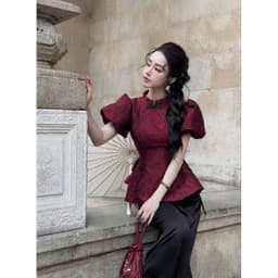 Set đồ lam, thiết kế mặc Tết Gấm Quảng Châu tay phồng 2 bên rút dây kèm quần dài Tuyết Nhung 6