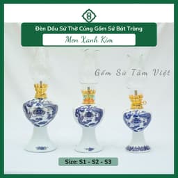 Đèn Dầu Thờ Cúng Gốm Sứ Bát Tràng Men Xanh Kim Cao Cấp Họa Tiết Phúc Lộc Thọ Vẽ Tay Tinh Xảo 1