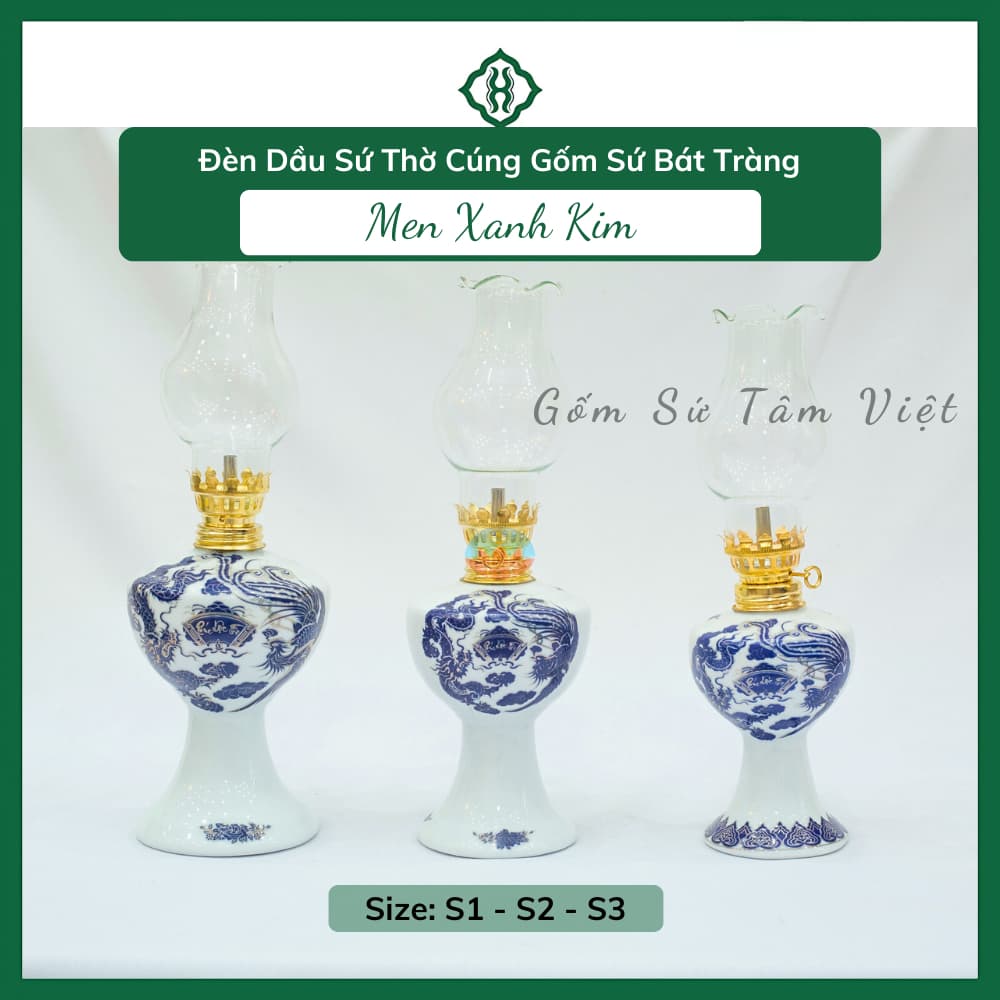 Đèn Dầu Thờ Cúng Gốm Sứ Bát Tràng Men Xanh Kim Cao Cấp Họa Tiết Phúc Lộc Thọ Vẽ Tay Tinh Xảo