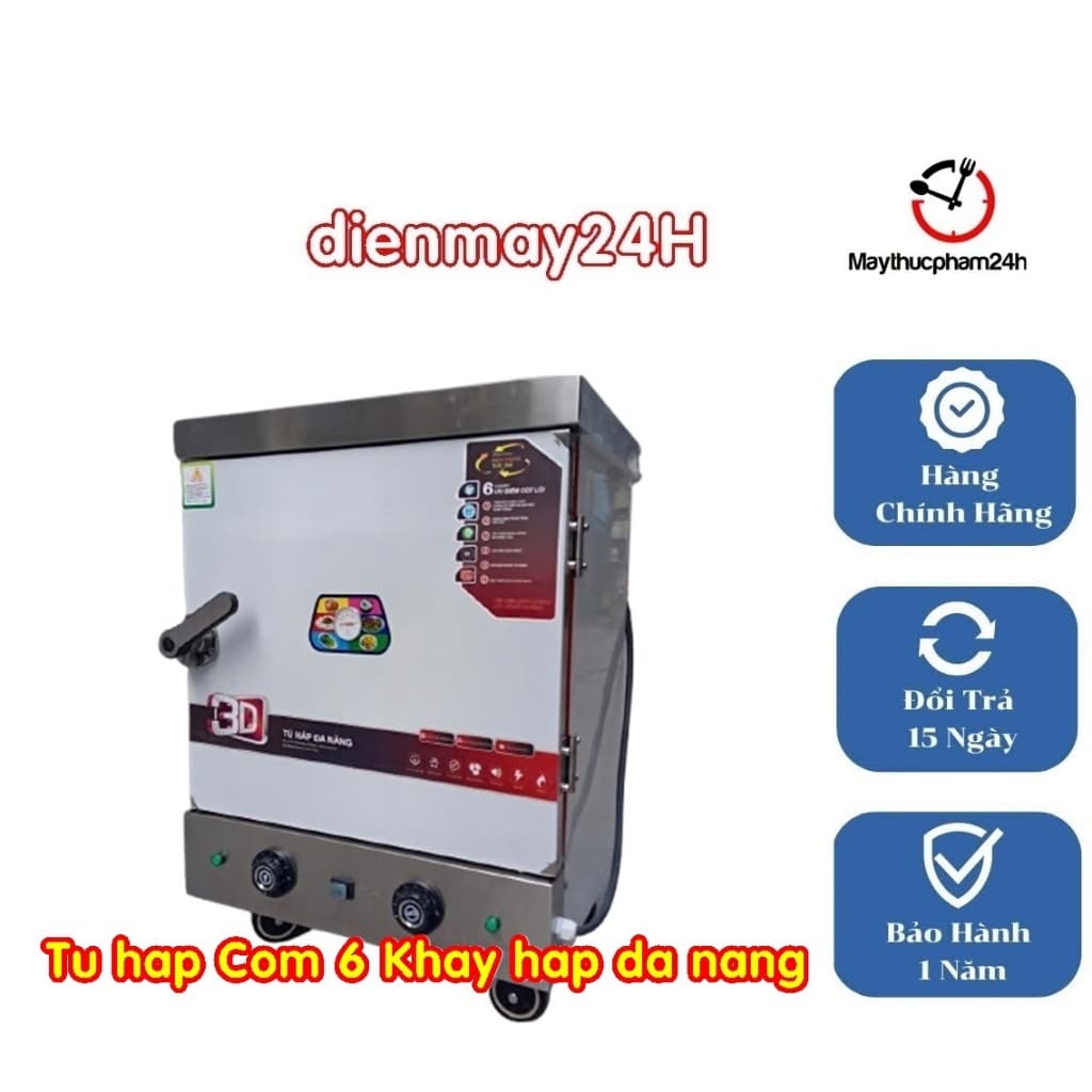 Tủ hấp giò, nấu cơm, bánh bao 6 khay Inox 304 chạy điện, hẹn giờ hoặc kết hợp gas-dien.