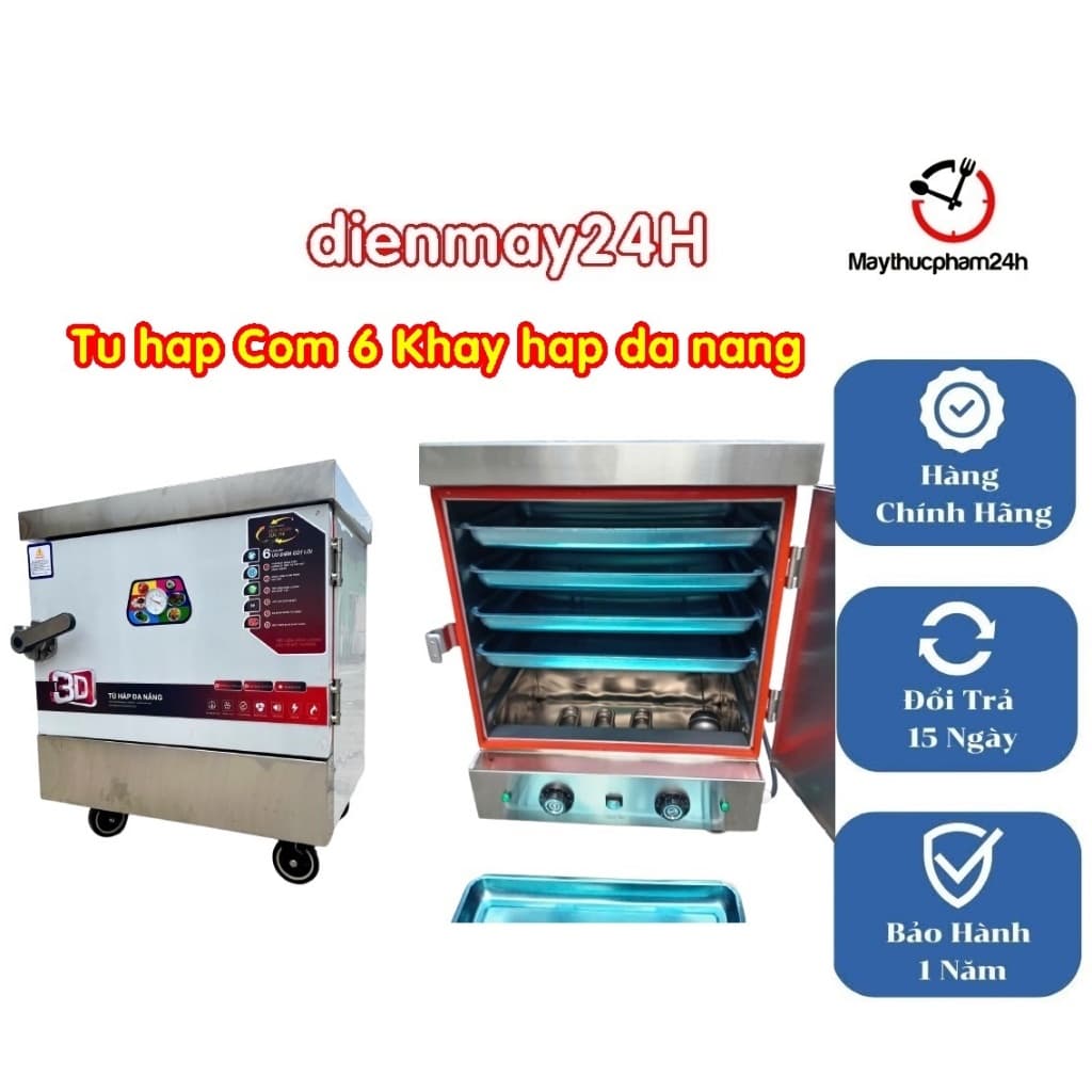 "Tủ hấp giò, nấu cơm, bánh bao 6 khay Việt Nam đa năng chạy điện và gas, hẹn giờ tiện lợi."
