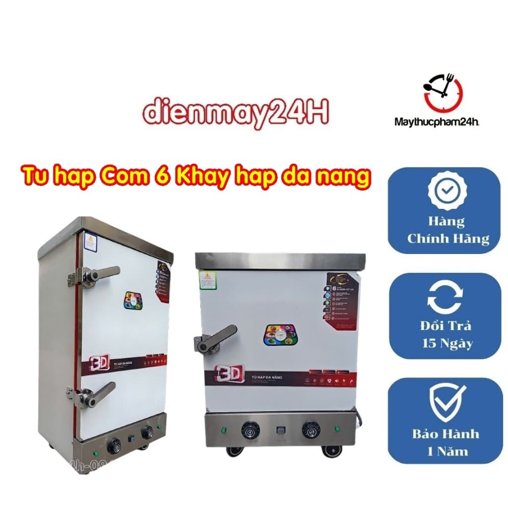 Tủ hấp công nghiệp 4 khay Inox 304, điện 220V, chỉnh nhiệt và hẹn giờ, hiệu quả cao.