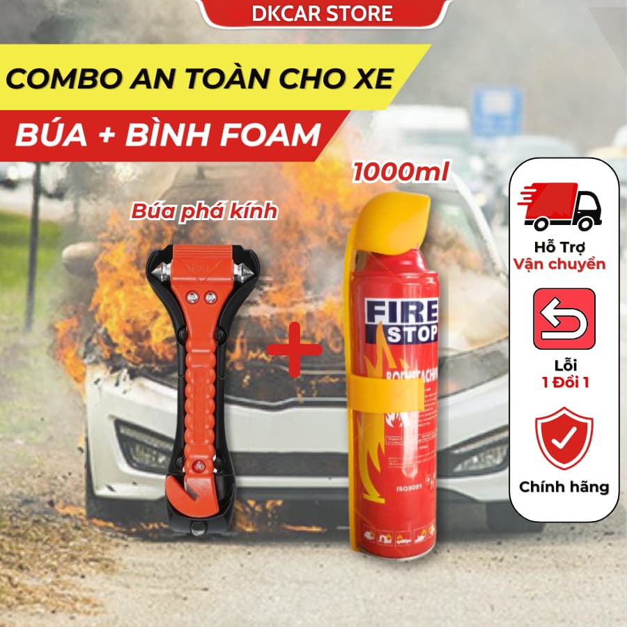 Combo cần thiết bảo vệ xe gồm 1 chai xịt mini dạng bọt foam 1000ml và 1 búa phá kính an toàn cho xe