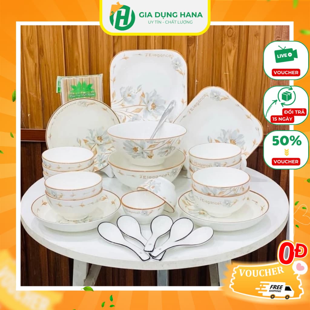 Bộ Bát Đĩa Gốm Sứ Tráng Men 26 Món Họa Tiết Hoa Mộc Hương Dày Dặn Sang Trọng