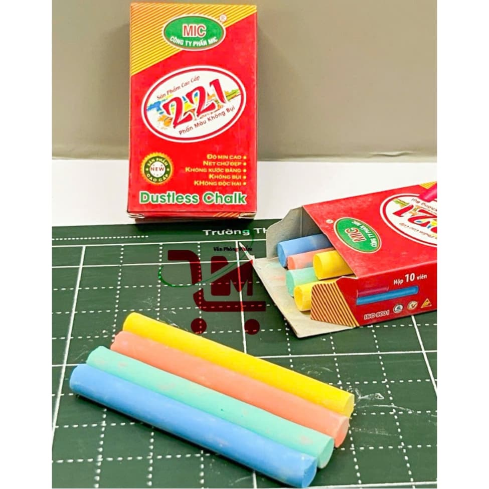Phấn Màu Không Bụi 221 MIC,Có 4 Màu,Gồm 10 Viên Phấn Dùng Cho Giáo Viên,Học Sinh,Sinh Viên,Giảng Viên,Chất Lượng Tốt
