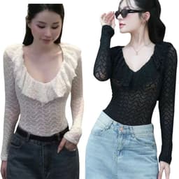 Áo Thun Nữ Bigsize Tay Dài Ren Lưới 2 Lớp Cổ Bèo Ôm Body Co Giãn Mềm Mịn Xinh Xắn LIMO MS353 8