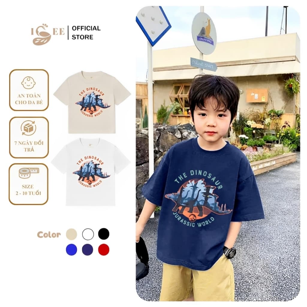 [ĐỦ SIZE 9KG-90KG] Áo Thun Bé Trai Form Rộng Chất Liệu Cotton In Họa Tiết Khủng Long DINOSAUR JURASSIC Cho Bé  ISEE VN