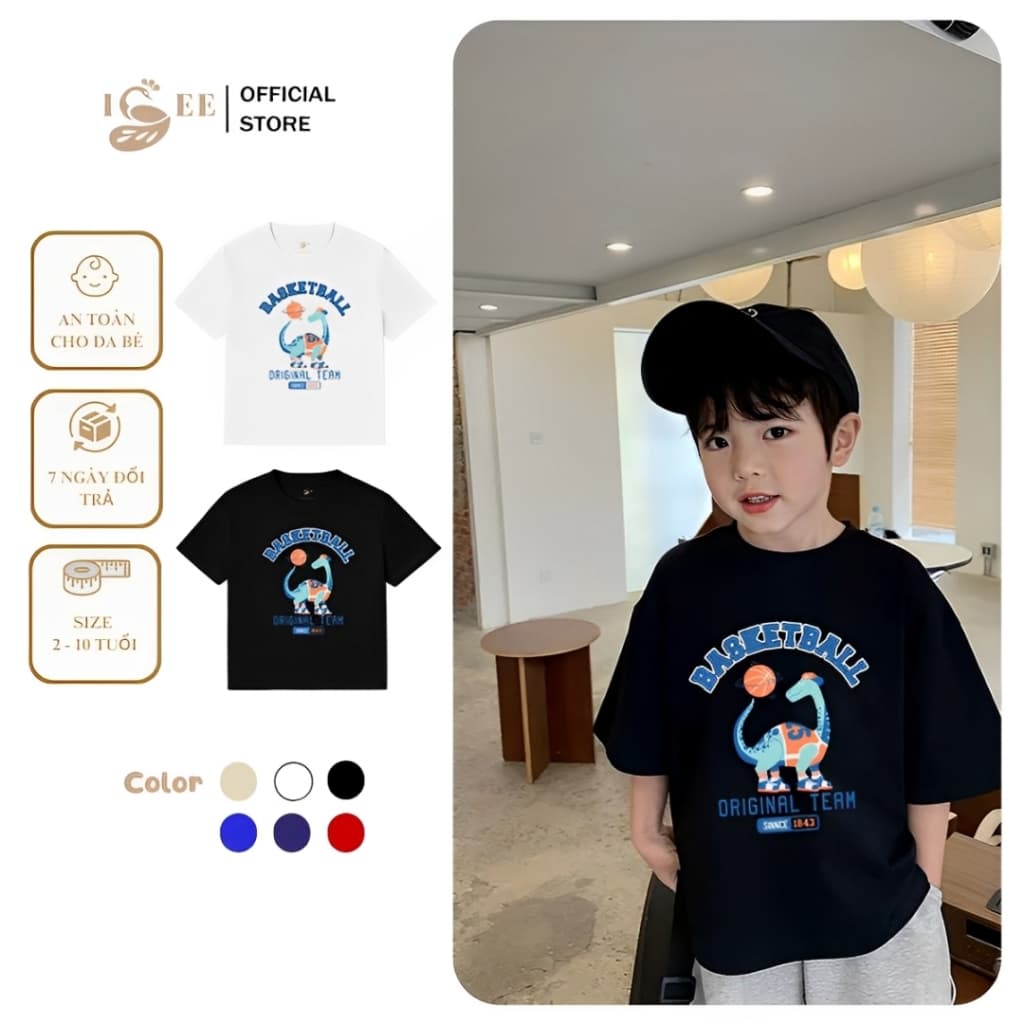 Áo Thun Bé Trai Form Rộng Chất Liệu Cotton In Họa Tiết Khủng Long BASKETBALL Cho Bé Từ 2 Đến 12 Tuổi - ISEE VN