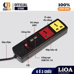 Ổ cắm điện 4 ổ 3 chấu 1 công tắc có nắp chắn Lioa cắm đa năng công suất 1100W dây dài 3M/5M 7