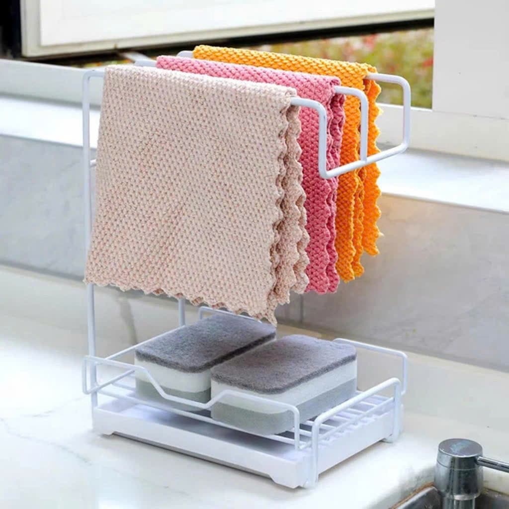 Kệ gác bồn rửa chén, giá treo giẻ rửa bát, khăn lau treo tường nhà bếp để bồn rửa chén có khay hứng nước tiện lợi