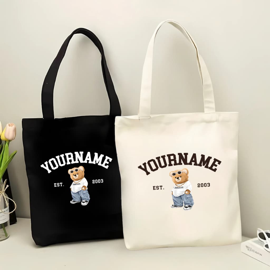 Túi tote, Túi vải bố canvas cotton in tên và năm sinh theo yêu cầu Hydro Bear đeo vai thời trang đựng vừa A4 - yc196