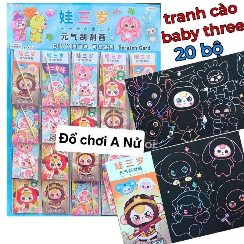 Vỉ 20 quyển Tranh cạo Baby Three hot Bộ tranh tăm cào ma thuật bé ba cho bé