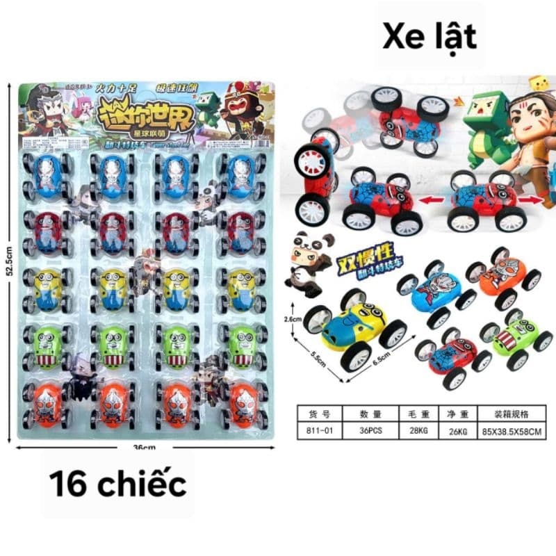 Combo 16 chiếc xe ô tô lật in hình họa tiết Đồ chơi xe oto nhiều màu sắc