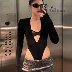 (SẴN ĐỎ) Bodysuit dài tay khoét cao, cổ V sâu phối bra ren (may liền) sexy quyến rũ 3