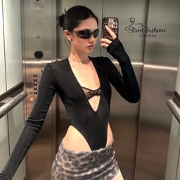 (SẴN ĐỎ) Bodysuit dài tay khoét cao, cổ V sâu phối bra ren (may liền) sexy quyến rũ 2