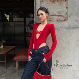 (SẴN ĐỎ) Bodysuit dài tay khoét cao, cổ V sâu phối bra ren (may liền) sexy quyến rũ 6