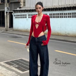 (SẴN ĐỎ) Bodysuit dài tay khoét cao, cổ V sâu phối bra ren (may liền) sexy quyến rũ 7