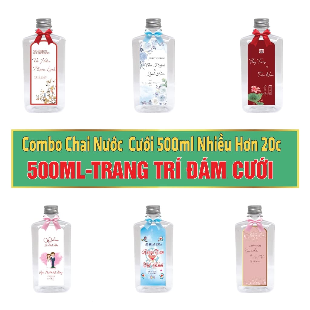 Combo Nhãn dán + Chai Bầu 500ml + nơ .Trang Trí Đám Cưới, Đám Hỏi