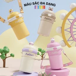 Bình Nước Hello Dung Tích 450ml Thủy Tinh Bọc Nhựa Cho Bé Đi Học, Có Ống Hút Tiện Lợi,Nắp Thú Dễ Thương - LUXURY 5