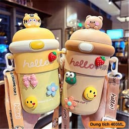 Bình Nước Hello Dung Tích 450ml Thủy Tinh Bọc Nhựa Cho Bé Đi Học, Có Ống Hút Tiện Lợi,Nắp Thú Dễ Thương - LUXURY 2