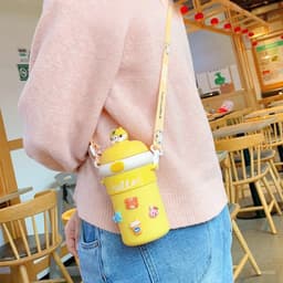 Bình Nước Hello Dung Tích 450ml Thủy Tinh Bọc Nhựa Cho Bé Đi Học, Có Ống Hút Tiện Lợi,Nắp Thú Dễ Thương - LUXURY 9