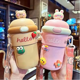 Bình Nước Hello Dung Tích 450ml Thủy Tinh Bọc Nhựa Cho Bé Đi Học, Có Ống Hút Tiện Lợi,Nắp Thú Dễ Thương - LUXURY 4