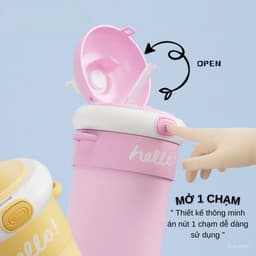 Bình Nước Hello Dung Tích 450ml Thủy Tinh Bọc Nhựa Cho Bé Đi Học, Có Ống Hút Tiện Lợi,Nắp Thú Dễ Thương - LUXURY 6