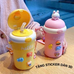 Bình Nước Hello Dung Tích 450ml Thủy Tinh Bọc Nhựa Cho Bé Đi Học, Có Ống Hút Tiện Lợi,Nắp Thú Dễ Thương - LUXURY 3
