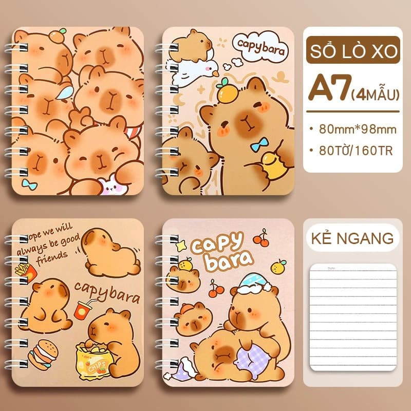 (Combo 03 Quyển) Sổ Lò Xo A7 Capybara 80 tờ/160 Trang, Sổ Ghi Chú Hoạt Hình Dễ Thương