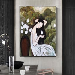 Tranh canvas treo tường cô gái Việt xưa bên hoa sen decor art 60 x 90 cm 3