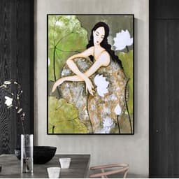 Tranh canvas treo tường cô gái Việt xưa bên hoa sen decor art 60 x 90 cm 2