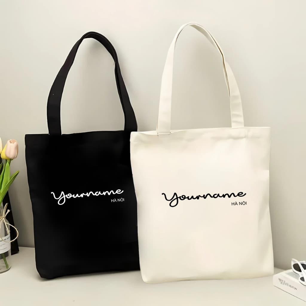 Túi tote, Túi vải bố canvas cotton in tên và thành phố theo yêu cầu đeo vai thời trang hàn quốc đựng vừa A4 - yc196