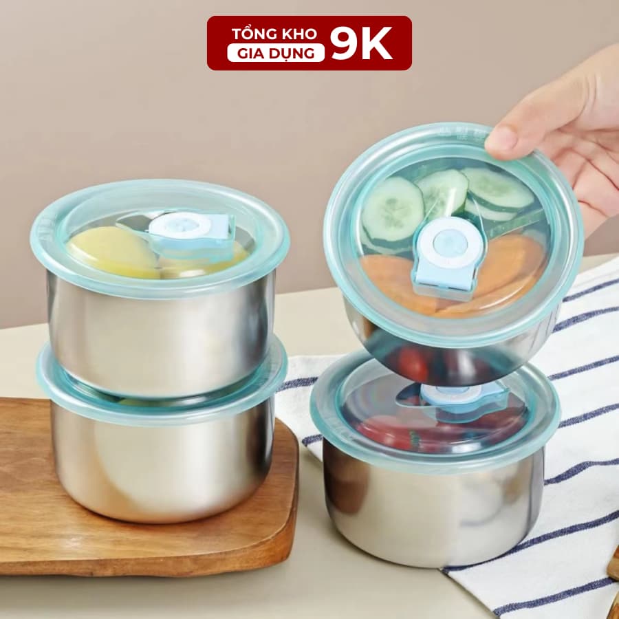 Combo 5 Hộp Đựng Thực Phẩm inox Tròn Có Nắp Đậy, khay Inox Bảo Quản Thực Phẩm Tủ Lạnh gd1511