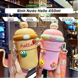 Bình Nước Hello Dung Tích 450ml Thủy Tinh Bọc Nhựa Cho Bé Đi Học, Có Ống Hút Tiện Lợi,Nắp Thú Dễ Thương - LUXURY 1