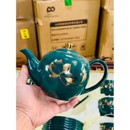 Bộ Ấm Chén Pha Trà Cao Cấp Màu Xanh Lục Bảo Vẽ Kẻ Vàng Kim Cực Samg Trọng , hot trend 7