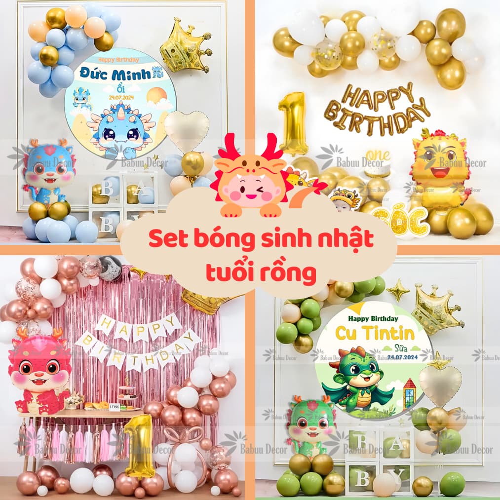 Set bóng trang trí sinh nhật tuổi rồng đủ màu, nhiều mẫu cho bé trai và bé gái 1 tuổi (tổng hợp mẫu rồng)
