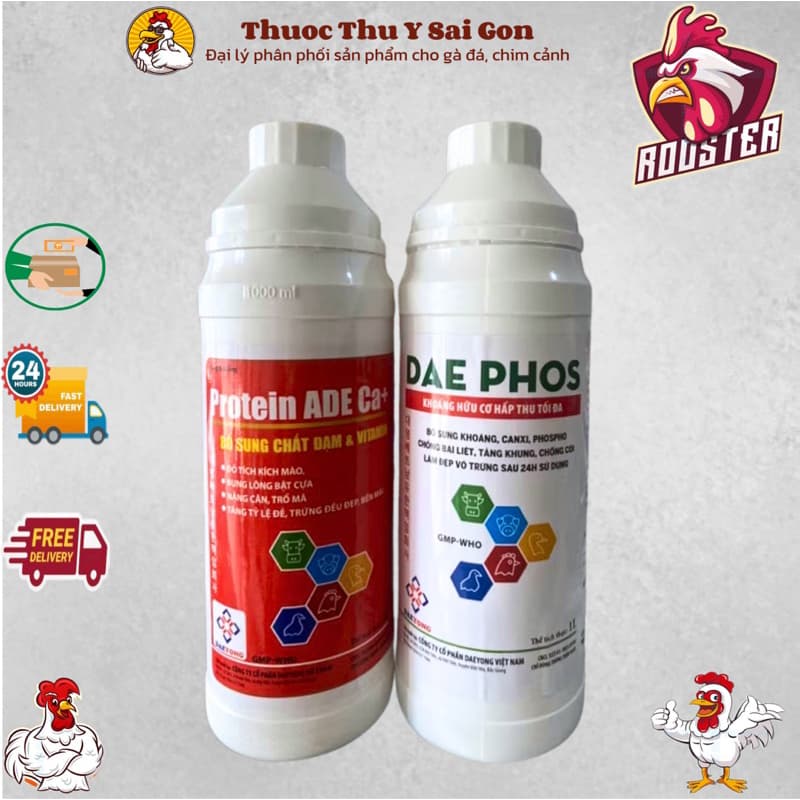 Bộ đôi nuôi gà đá Protein ADE Ca+ 1 Lít và Daephos Canxi khoáng hữu cơ 1 Lít - Nở khung xương, chắc xương, tăng bo