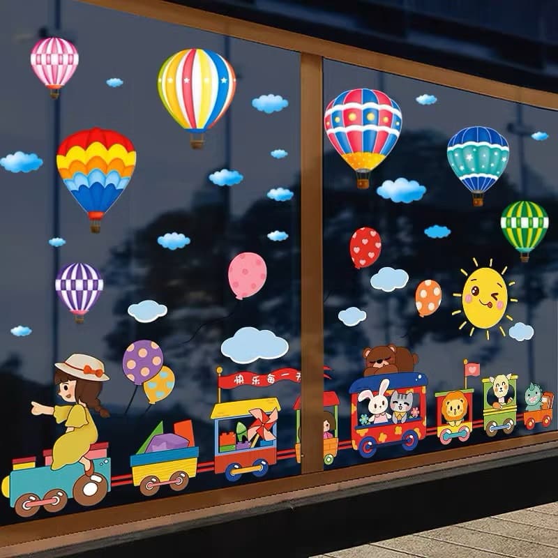 Decal dán tường,dán kính kinh khí cầu và đoàn tầu trang trí decor phòng cho bé