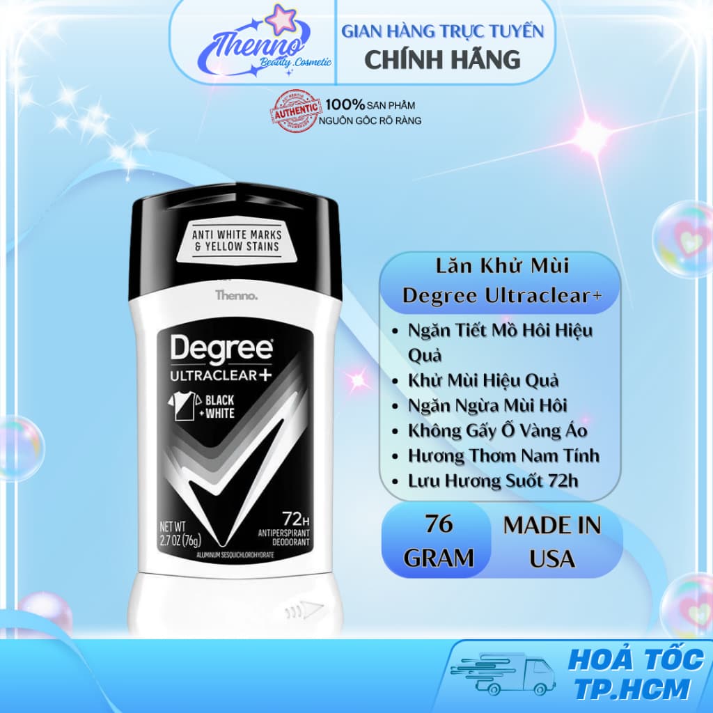 Lăn Sáp Khử Mùi Nam Degree Men 72h UltraClear+ Black +White 76gr - Hàng Mỹ