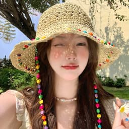 Mũ Cói Rộng Vành Đan Thủ Công Đính Hạt Nhiều Màu Kèm Dây Hạt Vintage Đi Biển Chống Nắng Cho Nữ Mùa Hè 3