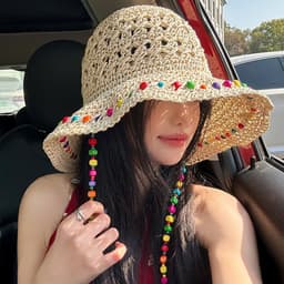 Mũ Cói Rộng Vành Đan Thủ Công Đính Hạt Nhiều Màu Kèm Dây Hạt Vintage Đi Biển Chống Nắng Cho Nữ Mùa Hè 6