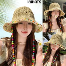 Mũ Cói Rộng Vành Đan Thủ Công Đính Hạt Nhiều Màu Kèm Dây Hạt Vintage Đi Biển Chống Nắng Cho Nữ Mùa Hè 1