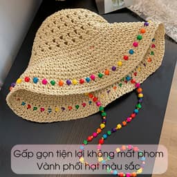 Mũ Cói Rộng Vành Đan Thủ Công Đính Hạt Nhiều Màu Kèm Dây Hạt Vintage Đi Biển Chống Nắng Cho Nữ Mùa Hè 9